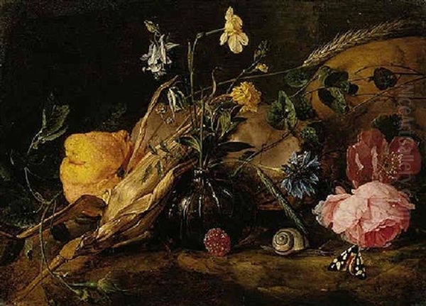 A Still Life With Flowers In A Glass Vase, A Lemon, An Ear Of Corn And A Skull, Snail And Butterflies Oil Painting by Jan Davidsz De Heem