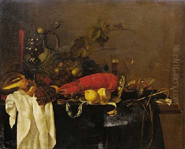 A Still Life With A Lobster, Fruit, Lemons, A Porcelain Jug, Pewter Vessels And A Wine Glass, On A Table Draped In Green Velvet Oil Painting by Jan Davidsz De Heem