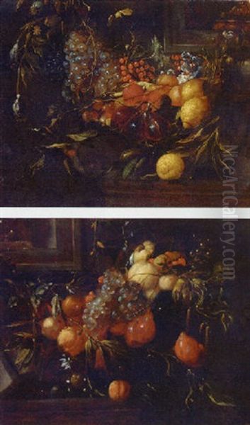 A Swag Of Grapes, Lemons, Redcurrents, Figs And Peaches Decorating A Niche Oil Painting by Jan Davidsz De Heem