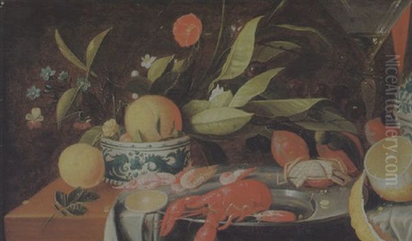 Stilleben Mit Fruchten, Schalentieren, Blumen, Einem Venezianischen Weinglas Und Einer Zitrone Oil Painting by Jan Davidsz De Heem