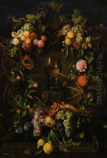 A Swag Of Grapes, Peaches, Plums And Lemons Decorating A Niche With A Roemer, With A Sparrow, Butterflies, Fly, Beetles And A Dragonfly Oil Painting by Jan Davidsz De Heem