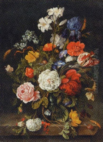 Roses, Lilies, A Parrot Tulip, An Iris And Other Flowers In A Glass Vase, With A Butterfly And Other Insects On A Marble Ledge Oil Painting by Jan Davidsz De Heem