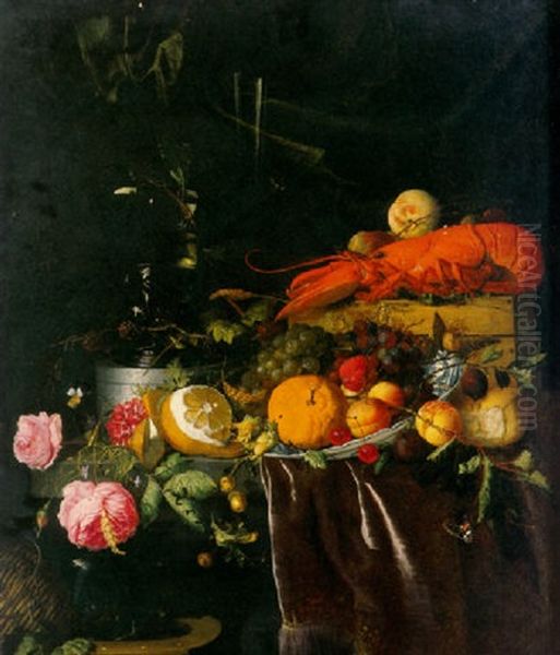 Fruit In A Waanli Kraak Porcelain Bowl, A Peeled Lemon, A Lobster, A Roemer, A Wine Glass And Flowers On A Draped Ledge Oil Painting by Jan Davidsz De Heem