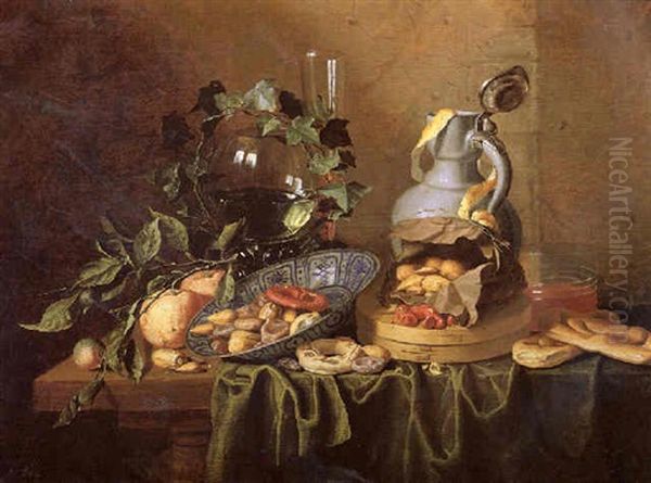 A Still Life Of A Roemer, A Flute, A Jug, Nuts In A Wan-li Porcelain Bowl And Paper Bag, A Glass Beaker, Sweetbread, And Ivy Oil Painting by Jan Davidsz De Heem