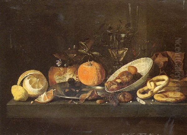 Still Life Of Peeled Lemon, Oranges, Nuts In A Blue And White Porcelain Bowl, Biscuits, A Bread Roll, And Two Wine Glasses Oil Painting by Jan Davidsz De Heem