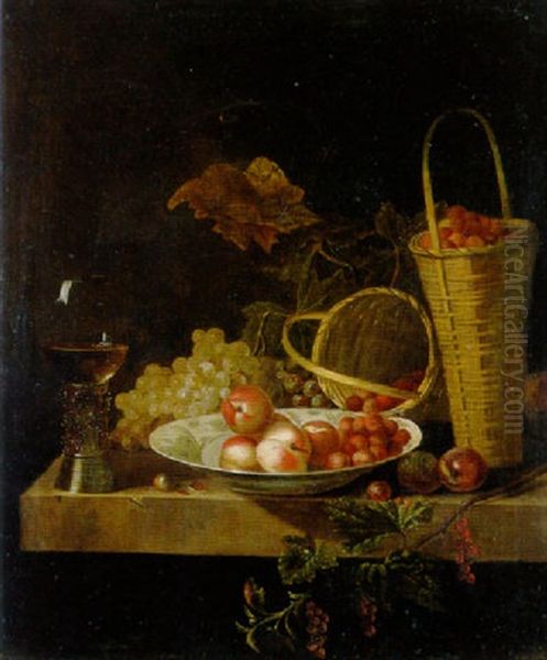 Stilleben Mit Fruchten, Weinglas Und Korben Oil Painting by Jan Davidsz De Heem