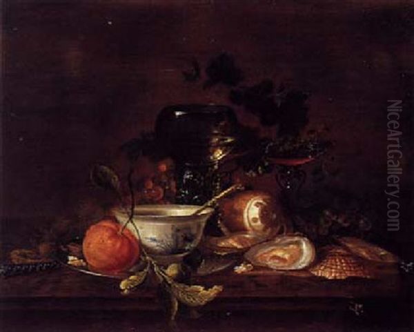 A Still Life With Walnuts, A Knife, An Orange And A Bowl On A Pewter Plate, A Peeled Lemon, Oysters, Grapes, A Tazza And A Roemer, All On A Wooden Table Oil Painting by Jan Davidsz De Heem