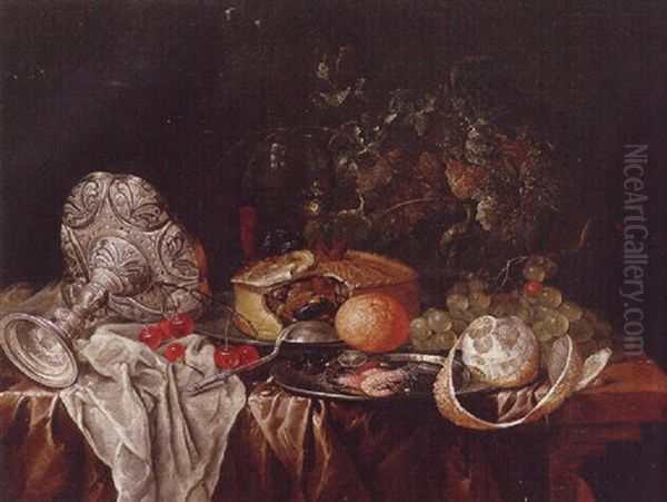 A Still Life Of An Up-turned Silver Tazza, Together With A Pie, Roemer, Wine Glass, Shrimps, Olives And Fruits Upon A Partly-draped Table Top Oil Painting by Jan Davidsz De Heem