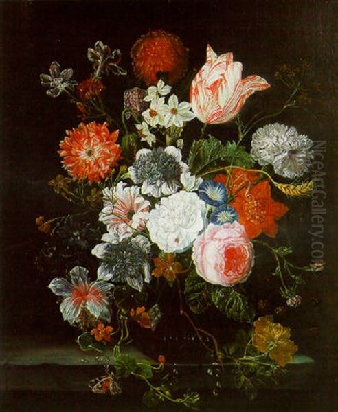 Roses, Carnations, Tulips And Other Flowers In A Glass Bowl On A Ledge With A Butterfly Oil Painting by Jan Davidsz De Heem