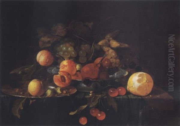 Still Life Of Pewter Plate With Fruit And Other Objects On A Gold-hemmed Cloth On Top Of A Stone Table Oil Painting by Jan Davidsz De Heem