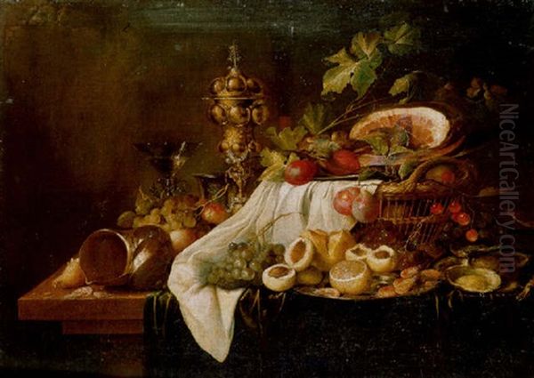 Shells, Shrimps, Peaches, A Facon De Venise Wine Glass, A Pewter Tankard With Other Objects On A Partly Draped Table by Jan Davidsz De Heem