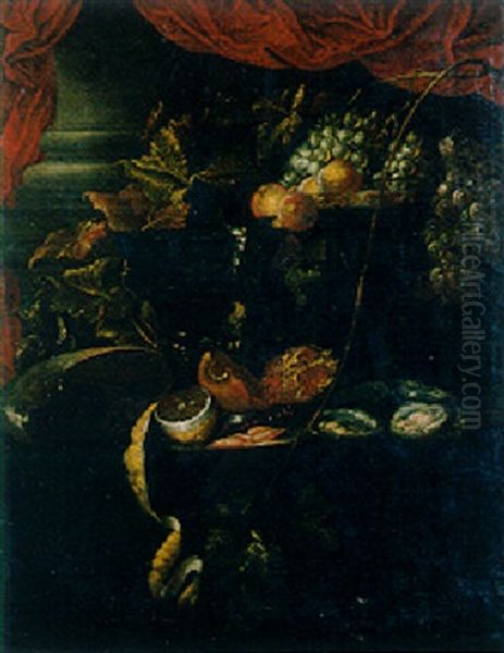 Grapes, Vines, Peaches And A Fob-watch On A Jewlery Box, Shrimps And A Peeled Lemon On A Plate, Oysters, A Pomegranate, A Berkmeyer And A Nautilus Shell On A Draped Table Oil Painting by Jan Davidsz De Heem