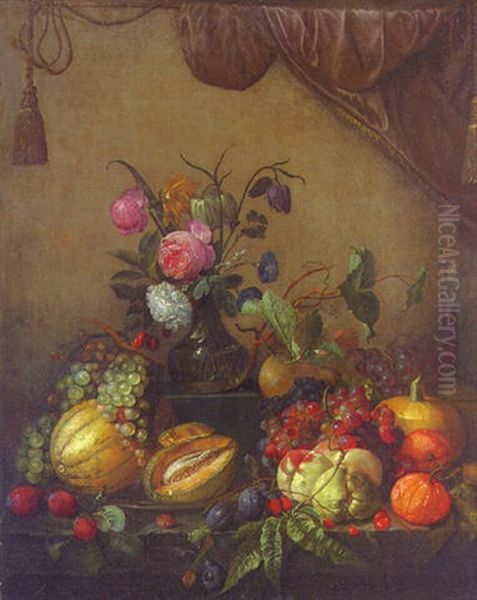 Fruit, A Glass Of Wine And A Vase Of Flowers Before A Wall Draped With A Curtain Oil Painting by Jan Davidsz De Heem