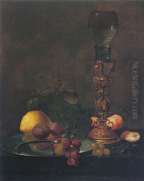 Still Life Of Grapes And Plums On A Pewter Plate, A Roemer On A Gilt Mount, Apricots, A Lemon And A Walnut On A Table Oil Painting by Jan Davidsz De Heem