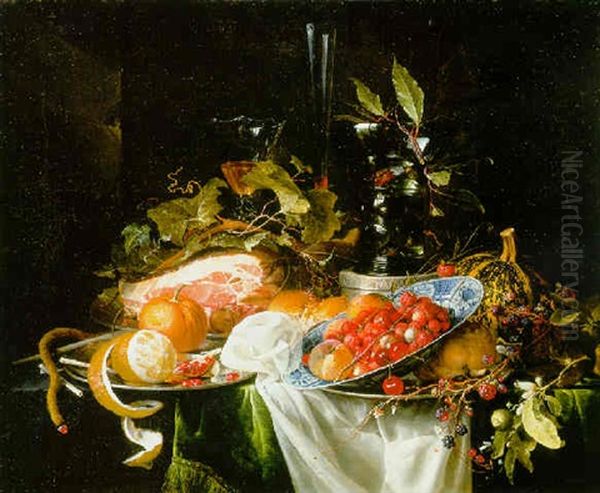 Strawberries And Peaches In A Bowl, An Orange And Other Fruit And A Ham On Pewter Plates, A Lit Taper And Other Objects On A Draped Table Oil Painting by Jan Davidsz De Heem