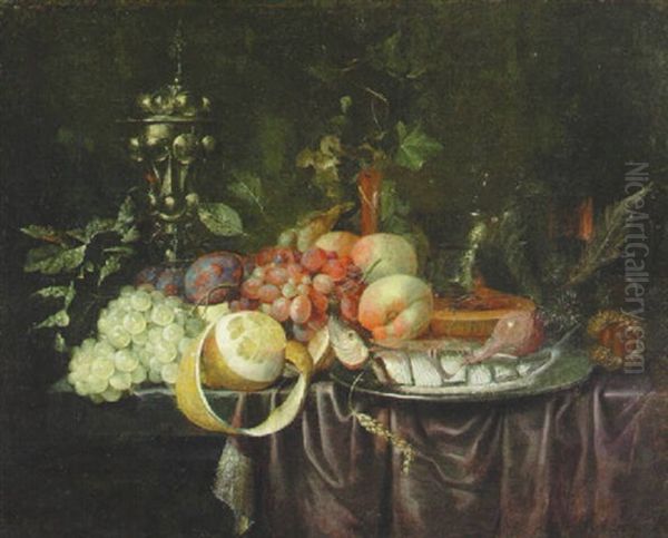 Grapes, Plums, And Others Fruits On A Draped Table With Others Objects Oil Painting by Jan Davidsz De Heem