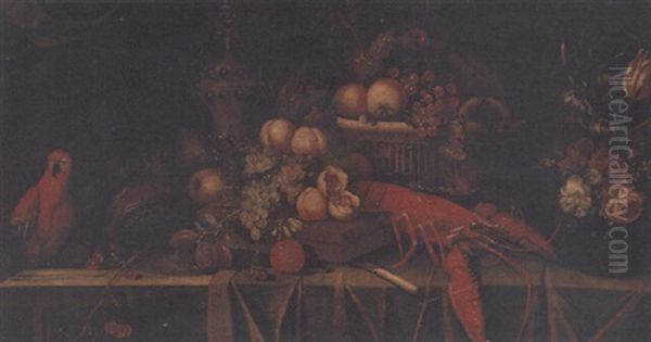 Basket Of Grapes And Apples, With Other Fruit, Lobster, Vase Of Flowers, Cup And Cover, And A Maccaw On A Table Oil Painting by Jan Davidsz De Heem