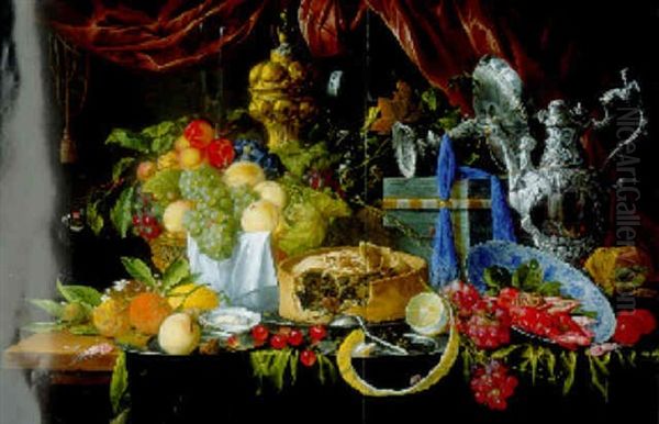 Pie On Pewter Plate, Peeled Lemon And Silver Spoon On Another, Seafood, Fruit And Other Objects On A Table Oil Painting by Jan Davidsz De Heem