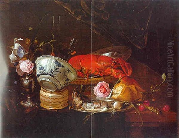 Flowers In A Vase, A Dutch Bowl Resting On An Ointment Jar, And Other Objects On A Table Oil Painting by Jan Davidsz De Heem