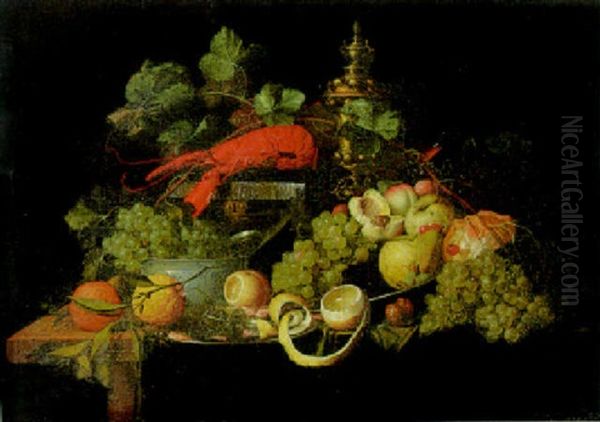 Grapes In A Bowl, Lobster On A Casket, Other Fruit About, Overturned Roemer On A Draped Table Oil Painting by Jan Davidsz De Heem