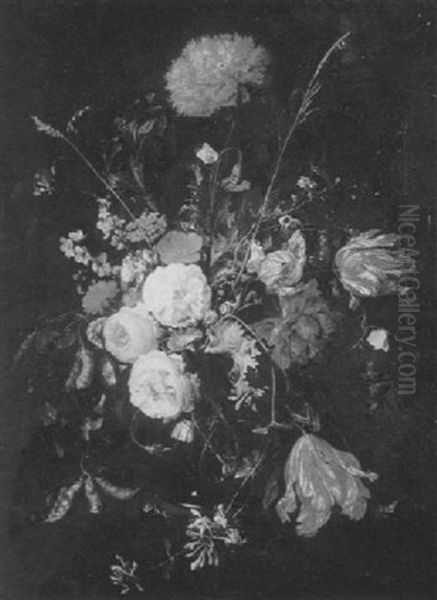 Floral Still Life Of Peonies, Tulips, And Carnation With Moths And Snails by Jan Davidsz De Heem