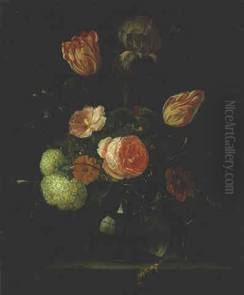 Flowers In A Glass Vase On A Ledge Oil Painting by Jan Davidsz De Heem