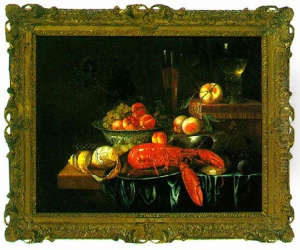 Still Life Of A Lobster On A Pewter Platter, Fruits In A Porcelain Bowl, A Wine Glass And A Roemer Oil Painting by Jan Davidsz De Heem