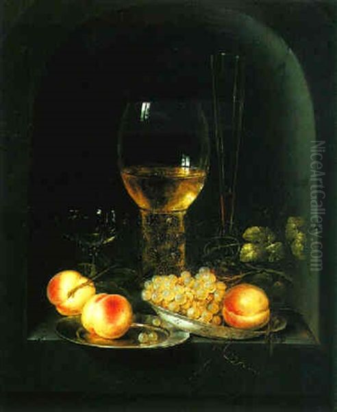 Still Life Of A Roemer With A Flute, Wineglass, And Peaches And Grapes On Porcelain And Pewter Dishes In A Stone Niche Oil Painting by Jan Davidsz De Heem