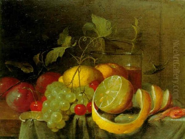 A Peeled Lemon, Plums And Other Fruit On A Partly Draped Table Oil Painting by Jan Davidsz De Heem