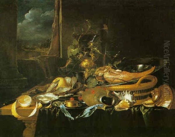 A Pronk Still Life With An Ox Tongue, A Silver Dish, A Peeled Lemon And Other Items All Upon A Draped Table, A Landscape Beyond Oil Painting by Jan Davidsz De Heem