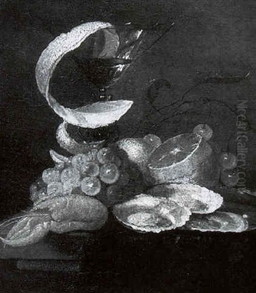 Still Life Of A Glass Of Wine With A Lemon Peel, Grapes, A Langoustine, Lemons, Cherries And Oysters On A Pewter Plate, All On A Draped Ledge Oil Painting by Jan Davidsz De Heem