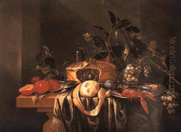 A Roemer, A Cake, Shrimps And A Langoustine On Pewter Plates Oil Painting by Jan Davidsz De Heem