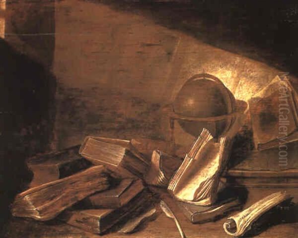 Books, Manuscripts, A Globe, An Inkwell And A Quill On A Table Oil Painting by Jan Davidsz De Heem