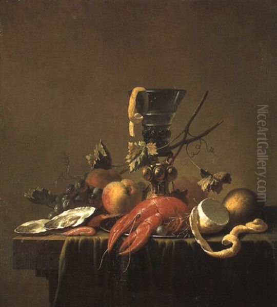 Still Life With Seafood, Fruit And A Roemer On A Draped Table Oil Painting by Jan Davidsz De Heem