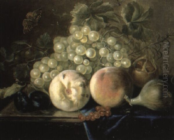 Grapes And Other Fruit On A Partially Draped Table Oil Painting by Jan Davidsz De Heem