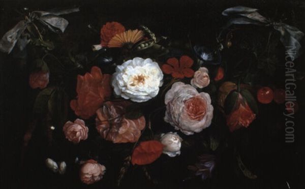 Guirlande De Roses, Belles De Jour Et Pavots... Avec Des Cerises Et Du Froment Oil Painting by Jan Davidsz De Heem