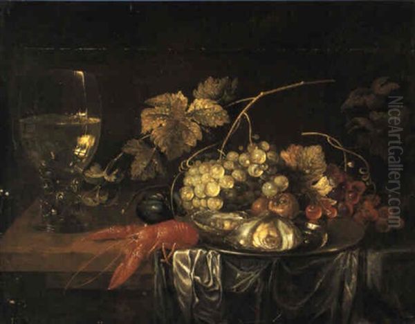 Still Life Of Fruit And Lobster On Table With Roemer Oil Painting by Jan Davidsz De Heem