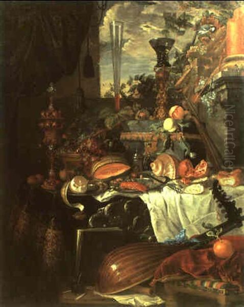 Still Life With A Glass, Stand, Basket And Bread On A Draped Table Oil Painting by Jan Davidsz De Heem