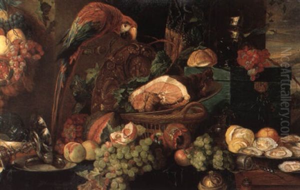 Fruit Still Life With Macaw On A Draped Ledge by Jan Davidsz De Heem