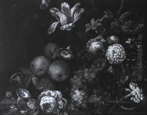 Still Life Of Fruit And Flowers On Stone Ledge Oil Painting by Jan Davidsz De Heem