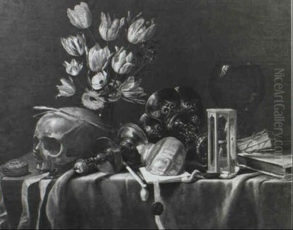 Nature Morte Au Crane Et Bouquet De Tulipes Oil Painting by Jan Davidsz De Heem