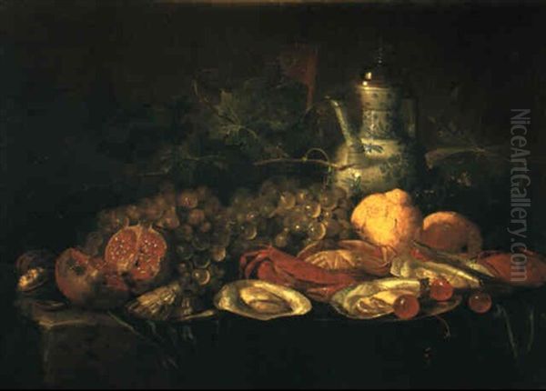 Grapes, Lemons, Cherries, A Pomegranite, Oysters, Crabs And A Ewer On A Draped Ledge Oil Painting by Jan Davidsz De Heem