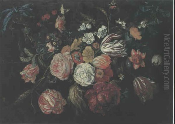 Blumengewinde An Blauen Schleifen Hangend Oil Painting by Jan Davidsz De Heem