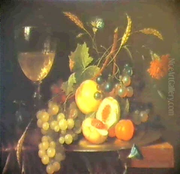 Still Life Of A Wine Glass With Fruit On A Pewter Dish      Arranged On A Ledge Oil Painting by Jan Davidsz De Heem