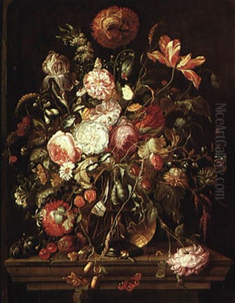 Still Life Of Flowers In A Vase On A Pedestal Oil Painting by Jan Davidsz De Heem