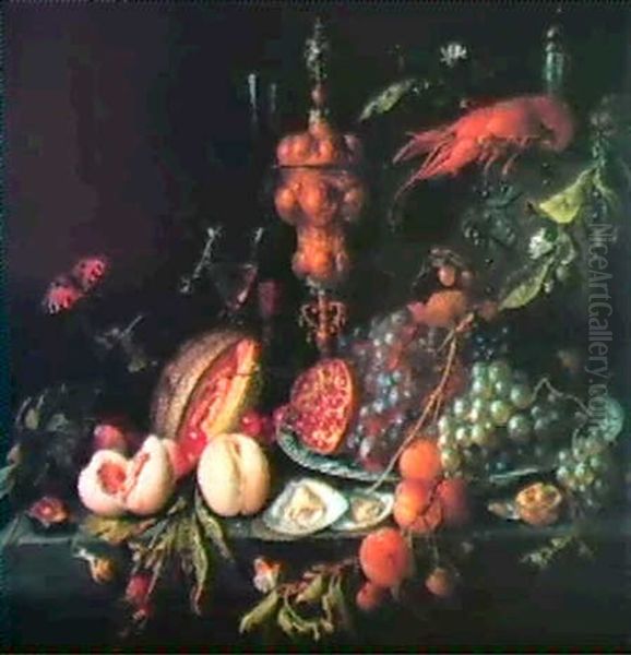 Plums, Peaches, A Cut Melon, Mulberries, Cherries, An Open  Walnut, Two Oysters And Some Oyster Shells On A Stone Table Oil Painting by Jan Davidsz De Heem