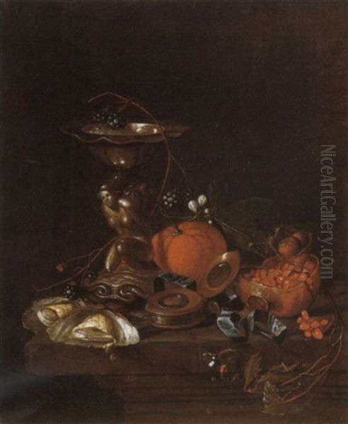 A Still Life Of An Orange A Pomegranate Oysters A Watch     And A Salt On A Ledge Oil Painting by Jan Davidsz De Heem