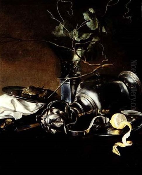 Still Life Of An Overturned Silver Tankard, A Glass Of      Wine And Other Objects On A Draped Table` Oil Painting by Jan Davidsz De Heem