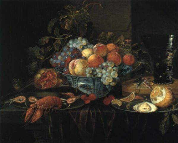 Peaches And Grapes In A Bowl, Crayfish And Other Food On A Draped Table Oil Painting by Jan Davidsz De Heem