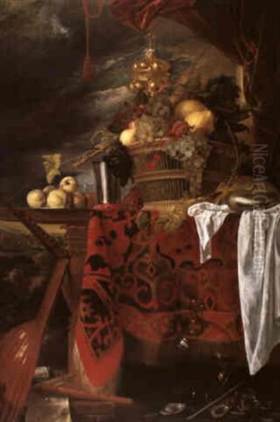 An Elaborate Still Life Of A Basket Of Fruit On A Ledge     Draped With A Carpet, A Landscape Beyond Oil Painting by Jan Davidsz De Heem